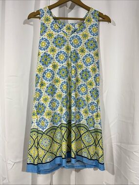 Beach Break Sleeveless Swing Dress Size Small Blue Yellow Medallion Print